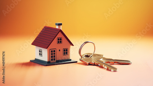 house key with house shaped keychain isolated on pastel background.moving, new home, business, investment and real estate concept.copy space