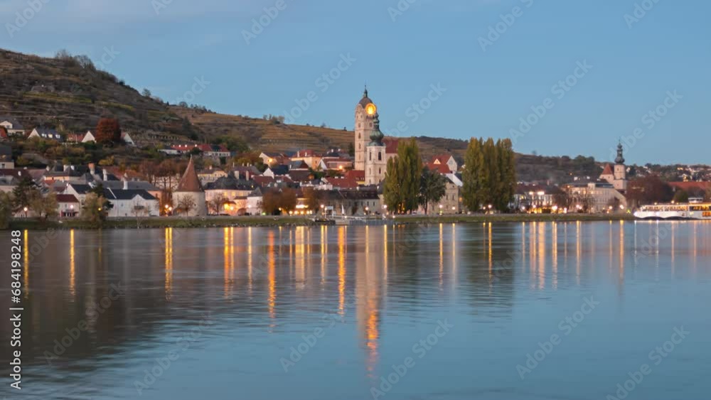 Day to night hyper lapse Krems town and vineyards. Wachau valley, Austria Day to night hyper lapse Krems town and vineyards. Wachau valley, Austria