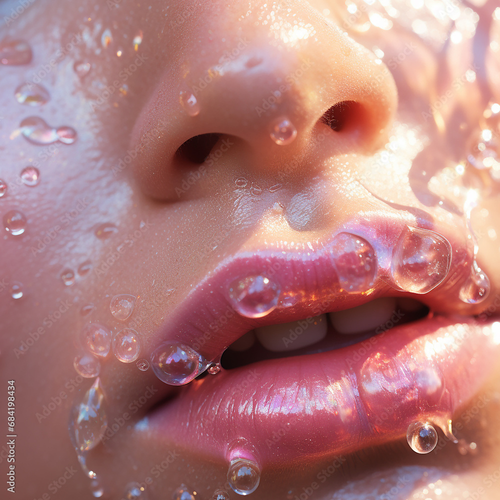 Fototapeta premium Close up of a face of a person with pearl water drops 