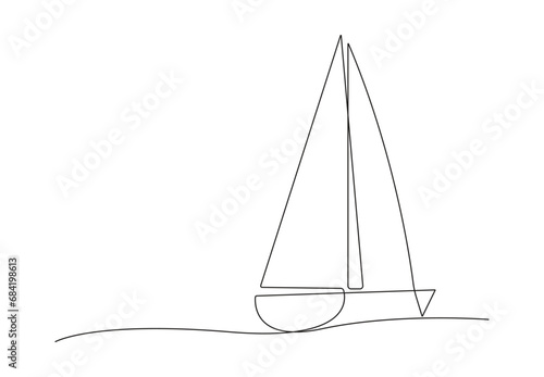 Continuous one line drawing of sailboat ship. Isolated on white background vector illustration. Pro vector. 