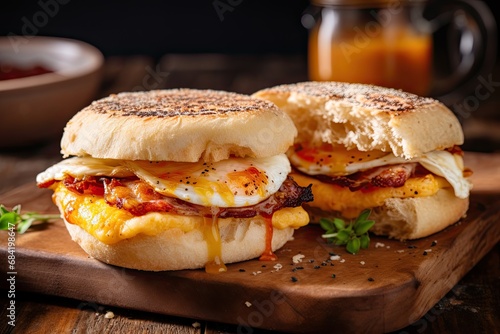 English muffin sandwich, freshly prepared and served on a welcoming breakfast table in the soft morning light photo