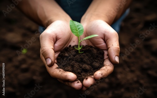 Hands Holding a Young Plant in Soil