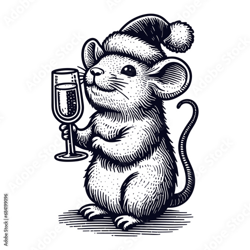 cute mouse wearing a Christmas hat and holding a champagne glass sketch © Curly