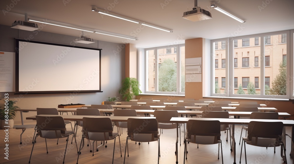 Fotografie Beige and gray classroom interior with projection screen, copy space, 16:9