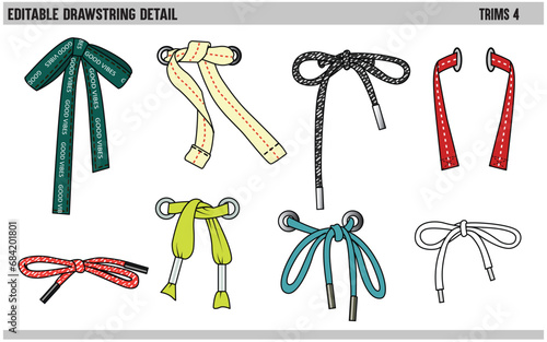 DRAWSTRING CORD FLAT SKETCH SET OF TIE KNOT WITH AGLETS FOR WAIST BAND, BAGS, SHOES, JACKETS, SHORTS, PANTS, DRESS GARMENTS, DRAWCORD AGLETS FOR CLOTHING AND ACCESSORIES VECTOR ILLUSTRATION