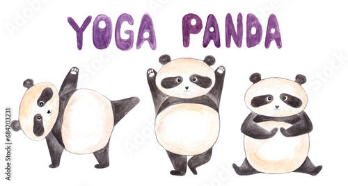 Watercolor hand drawn cute funny panda bears doing yoga.Written violet words "yoga panda".Yoga asanas, pandas standing with hands and foot up, in lotus position.Isolated
