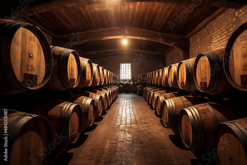 Wine barrels in a wine cellar. Oak Wine Barrels in winemaking and Winery Barrel room. Wooden oak barrels with whiskey in storage, Vintage Wine in an old barrel. Wood Wines Barrels In Winery Cellar. photo