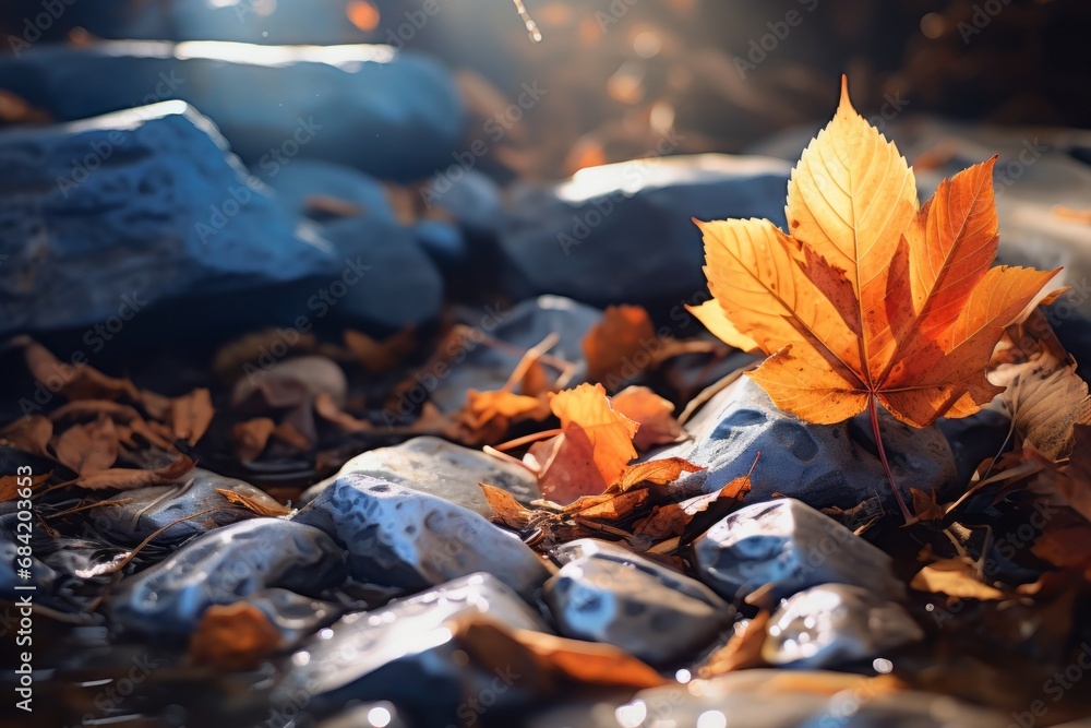 Captivating Glimpse of Autumn: Vibrant Leaves Nestled on a Rocky Landscape Generative AI
