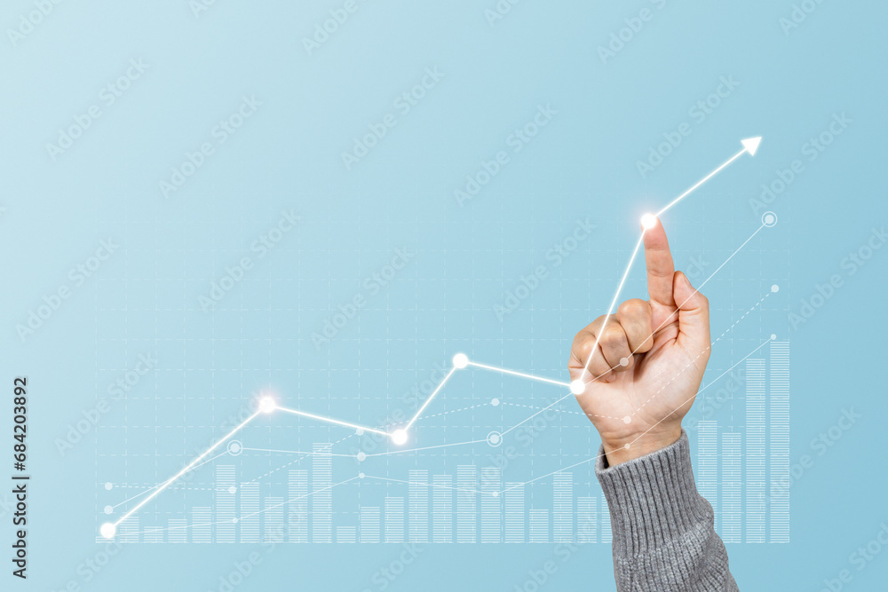 Man is touching arrows pointing up with graph as a symbol of growth and success or rising successful development and business development in the future - obrazy, fototapety, plakaty 
