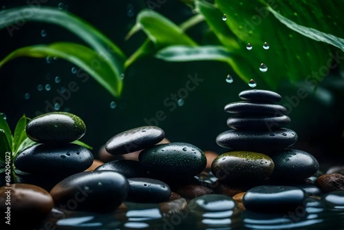 few water drops on the zen stones and green leaf