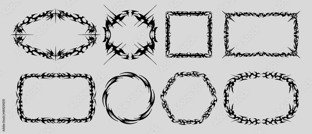 Neo Tribal frame. Cyber sigilism elements, gothic y2k sharp spikes sphere, square, rectangle. Vector