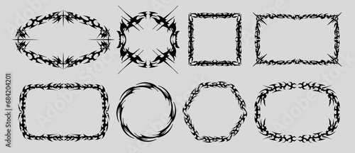 Neo Tribal frame. Cyber sigilism elements, gothic y2k sharp spikes sphere, square, rectangle. Vector