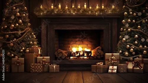 Wooden table, closeup with blurred christmas tree and gifts against the backdrop of the fireplace, copy space, 16:9