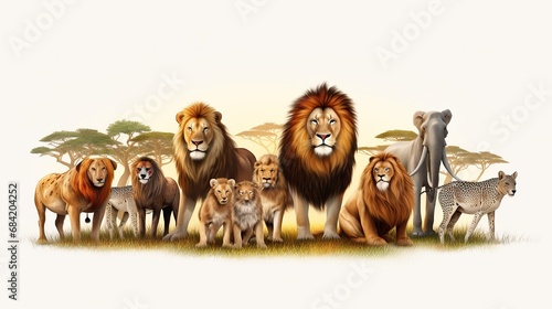 Large group of wild zoo animals together on horizontal web banner with