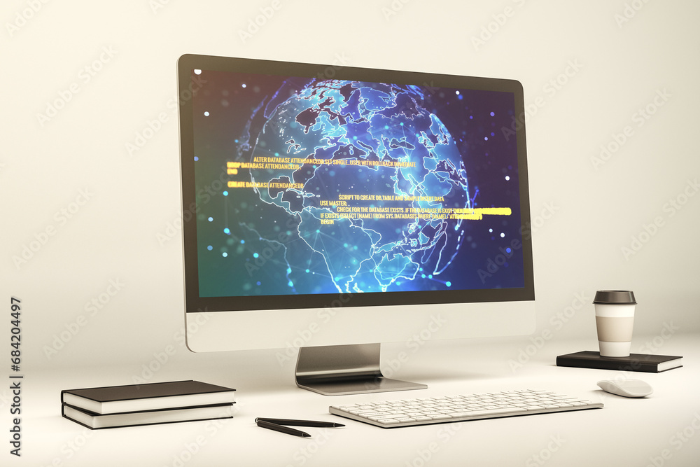 Computer monitor with abstract creative programming illustration and world map, big data and blockchain concept. 3D Rendering Computer monitor with abstract creative programming illustration and world map, big data and blockchain concept. 3D Rendering
