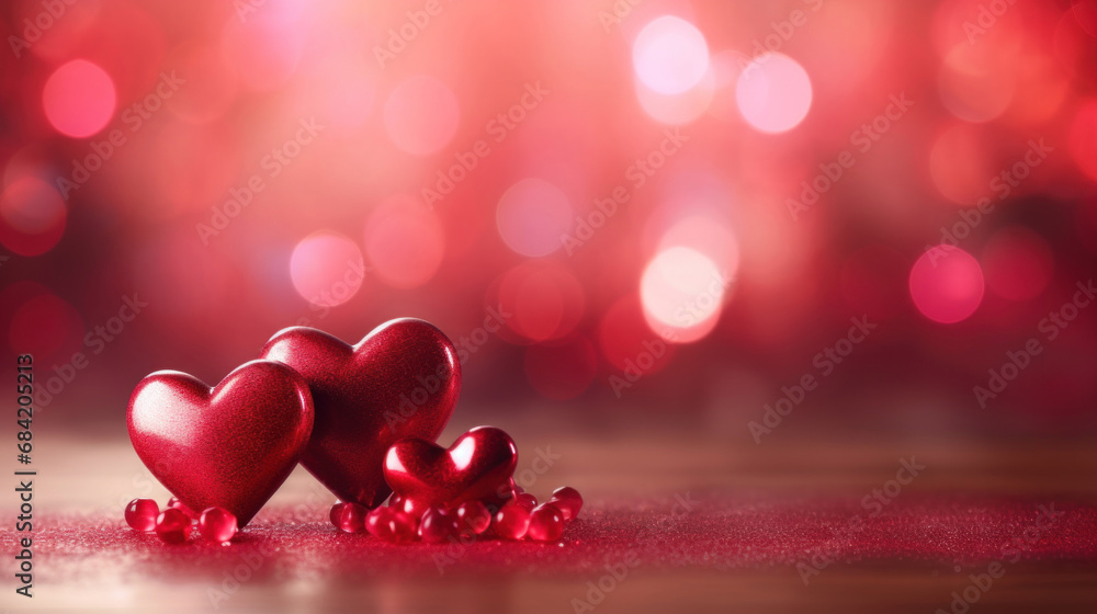 Mockup Valentine background. Two red hearts on a table on blurred red background