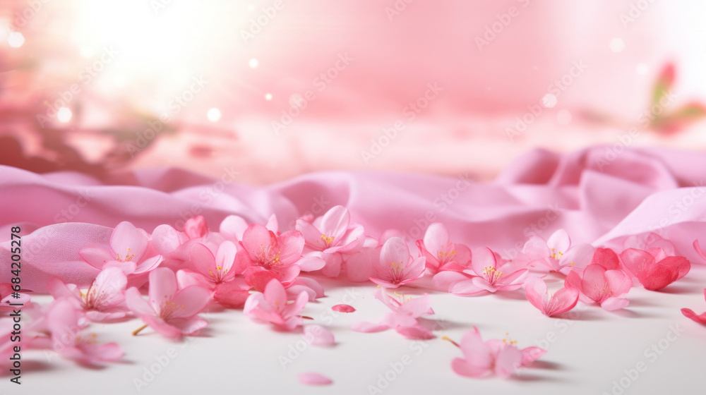Mockup background with pink flowers and petals on light background Mockup background with pink flowers and petals on light background