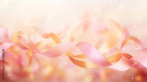 Confetti on pink ribbons on golden background