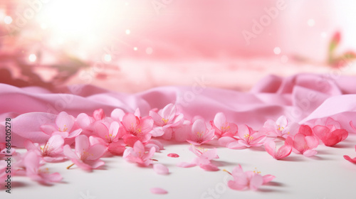 Mockup background with pink flowers and petals on light background © tashechka