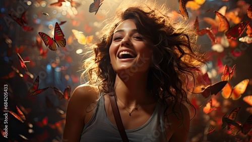 Joyful Young Woman Embracing Butterflies in an Exuberant Display of Freedom and Lifestyle. Captivating Sunrise Celebration 