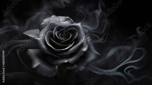 Fototapeta Naklejka Na Ścianę i Meble -  Black rose wrapped in black smoke swirl on dark background
