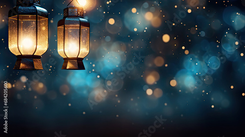 Glowing Lanterns on Starlit Background with Copy Space