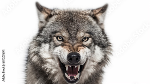 Angry timber wolf on a solid white background close-up AI generative