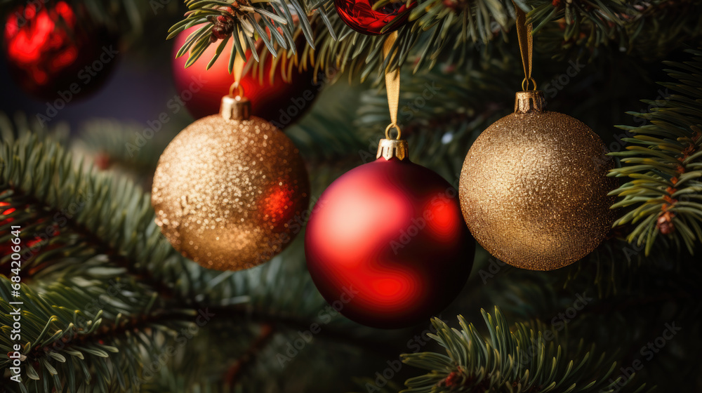 Festive Red and Gold Ornaments on Pine Tree Festive Red and Gold Ornaments on Pine Tree
