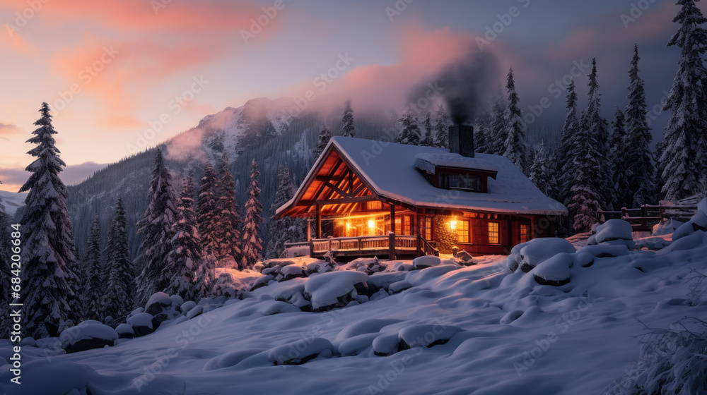 Snowy Mountain Cabin at Dusk with Warm Glow