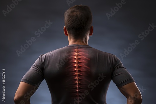 Back pain, male body torso back view, human spine photo