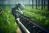 The view of a futuristic android agriculture and farming robot is working in a smart organic vegetable plant farm. Generative AI.