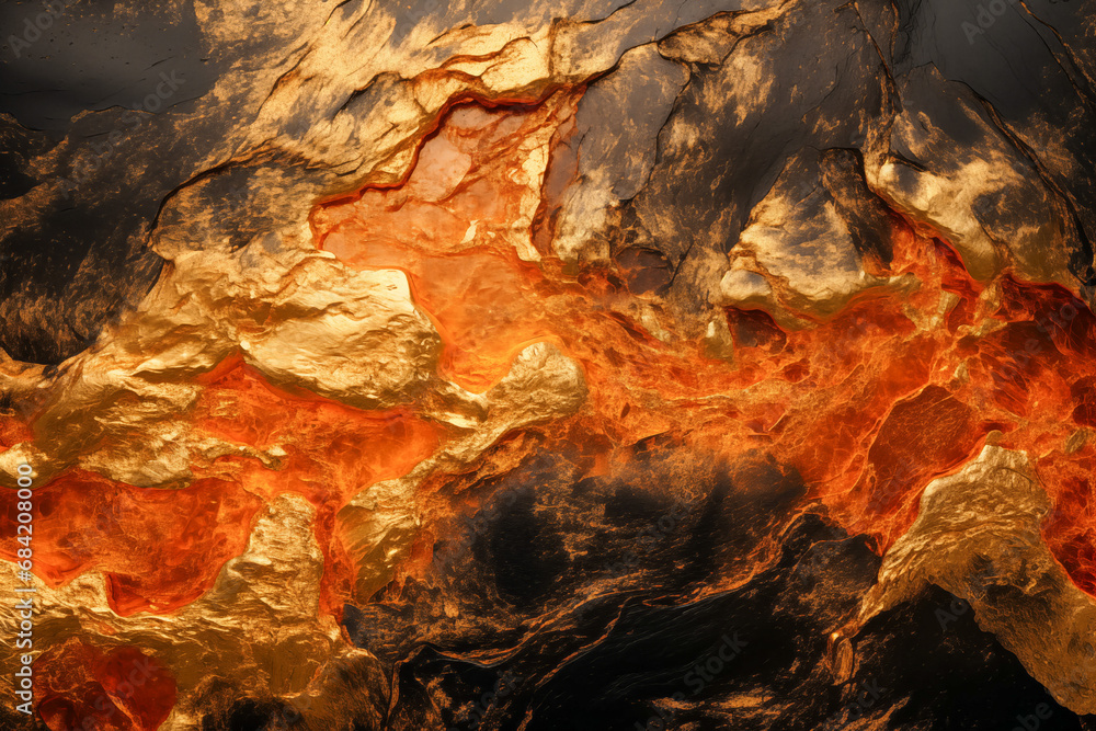a golden magma texture over the wooden table top, top-view