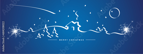 Merry Christmas ribbon shape hand calligraphy sparkle firework Christmas winter landscape with trees home snowflakes and falling star light white blue background banner minimal design greeting card