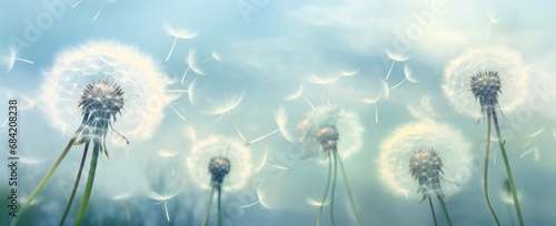 Serene Cloudy Day: Captivating Dandelion Dance against the Sky Generative AI