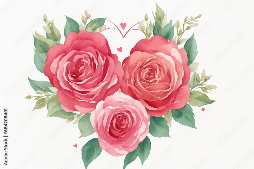 Template with watercolor flowers and heart. Decor for Valentine's Day. AI 