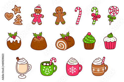 Cartoon Christmas desserts doodle icon set