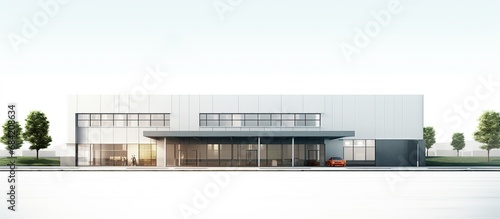 Industrial factory in flat style a vector an illustration.Plant or Factory Building.road tree window facade.