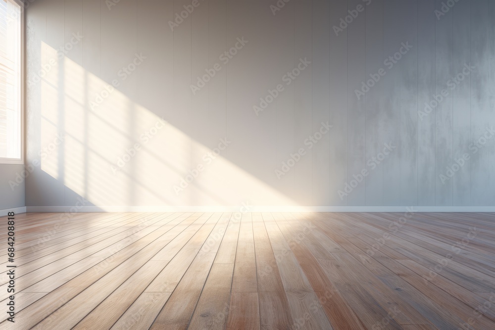 Discover the Simplicity and Warmth of Minimalist Design: Sunlit Wooden-Floored Room Generative AI