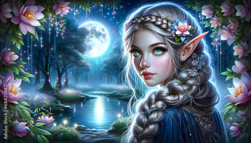 A digital painting of a young, beautiful elf woman with intricate ...