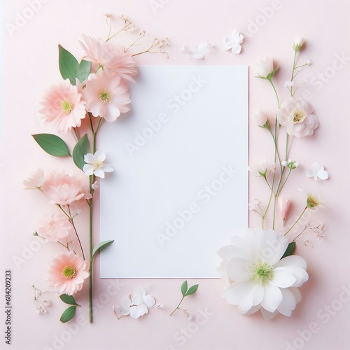 Banner with flowers on light pink background. Greeting card template for Wedding  mothers or womans day. Springtime composition with copy space. Flat lay style 