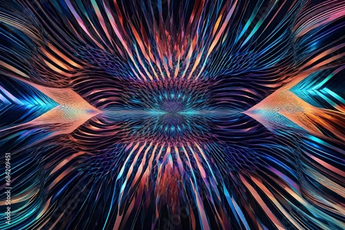 Geometric shapes intertwining with holographic waves, forming a mesmerizing digital tapestry. © Sumia