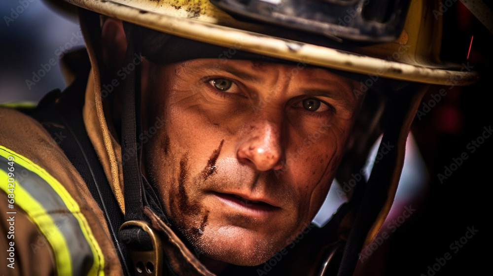 Firefighter's Determined Gaze: Capture the determined gaze of a firefighter amid the chaos, highlighting the intensity of their commitment Firefighter's Determined Gaze: Capture the determined gaze of a firefighter amid the chaos, highlighting the intensity of their commitment