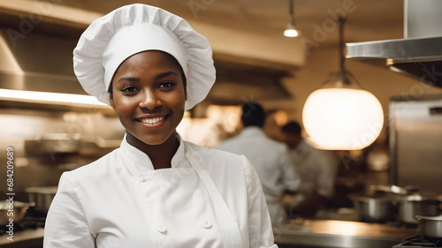 Young student girl working in the kitchen in restaurant. Generative Ai