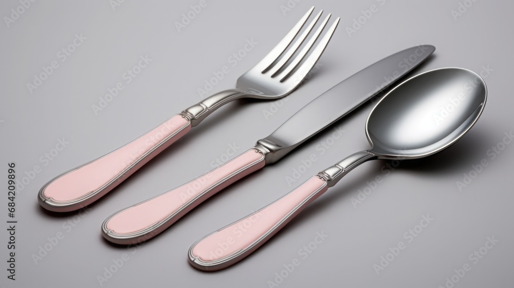 Fototapeta premium Silver fork, knife and spoons with pink handle on grey background, copy space, 16:9