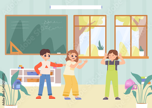 Children in class quarrel. Cute kids bad behavior, bullying and abuse. Aggressive schoolmates, toddlers in kindergarten, vector scene