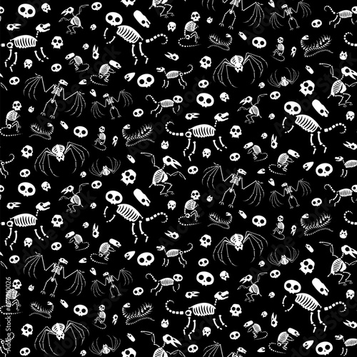 Black white Halloween seamless pattern with Animals Monster Skeletons. Roentgen skeleton bones, fairy tale characters. Ornament for printing on fabric, cover and packaging. Simple vector ornament