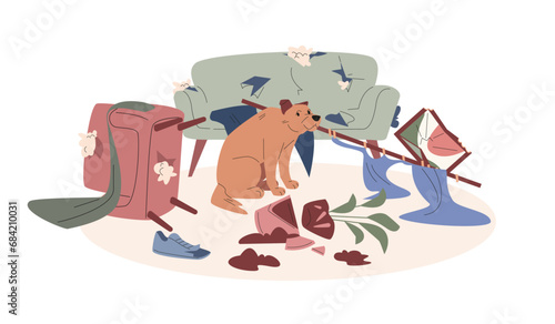 Puppy behavior problem. Dog destroyed tools and furniture. Sad pet and damaged interior objects. Naughty animal kicky vector cartoon scene