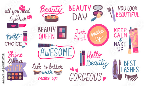 Beauty makeup lettering elements with cosmetics and tools. Female beauty motivational phrases, typography collection. Fashion stickers neoteric vector set