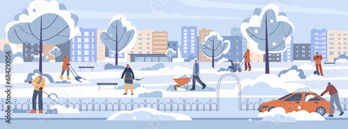 Cleaning snow in city. Male female citizens removing snow in town park and street. Seasonal snowy road, cleans with shovels kicky vector scene