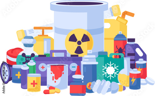Old flammable substances containers piled up in big pile. Heap of hazardous substances industry. Hazardous waste pollution problem. Simple cartoon vector concept isolated on white background